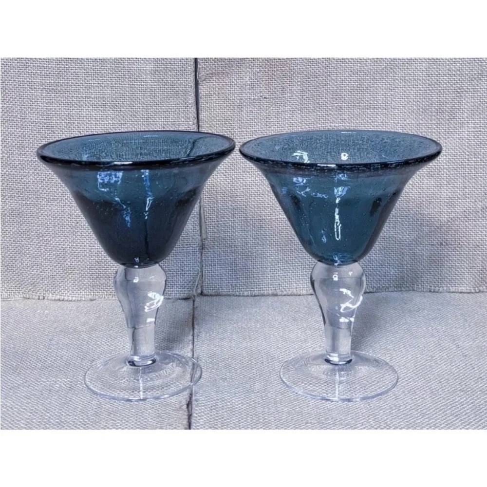 Smoky Blue Hand Blown Martini Glass Set Coastal Beach Ocean Fairy Core
